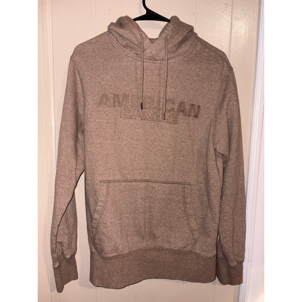 American Eagle Mens XS Taupe Heather Logo Hoodie Sweatshirt Long Sleeve Pocket